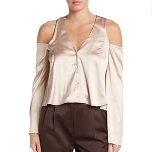 ASTR The Label Cold Shoulder Satin Button Front Top in Champagne Pink Size M